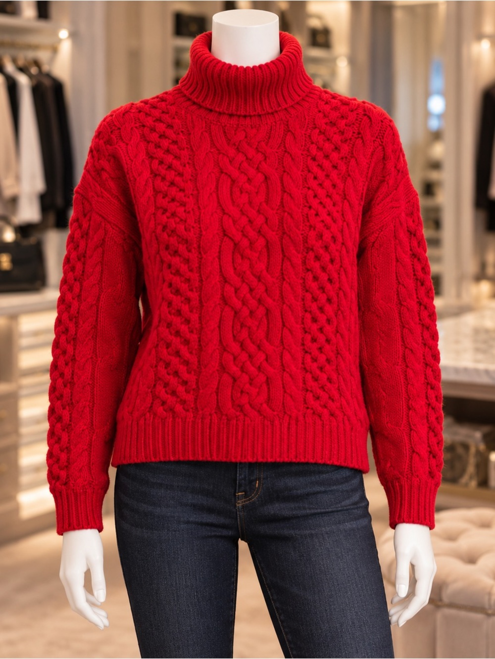 Polo Ralph Lauren Aran-Knit Wool-Alpaca Red Turtleneck Size L (NWOT)